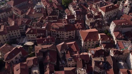 Aerial view of medieval city with red rooftops, Montenegro.