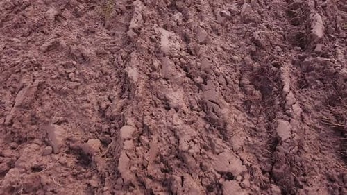 Freshly plowed soil field for cereals from above aerial view