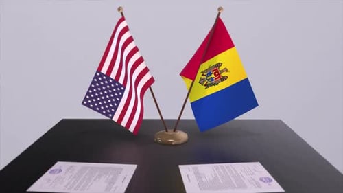 Moldova and USA at the negotiating table, a diplomatic deal. Business and politics animation