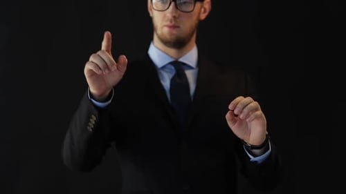 Business, People, Technology, Cyberspace and Office Concept - Businessman in Suit Working