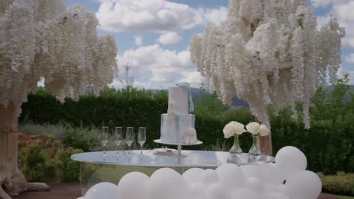 Elegant Baby Shower Cake and Decorations Outdoors