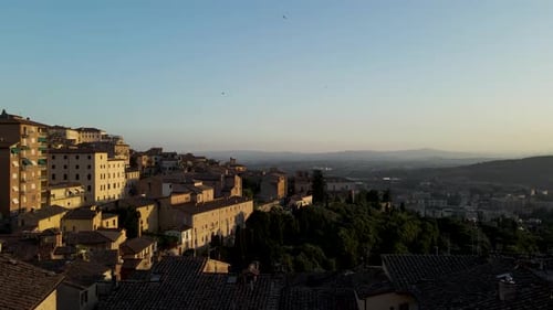 Aerial view of Perugia downtown at sunset, Umbria, Italy.