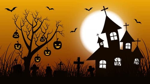 Halloween Haunted House Scene with Glowing Pumpkins and Bats