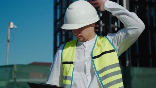 un arquitecto constructor masculino con un casco blanco y un chaleco de trabajo escribe datos en papel para la construcción d