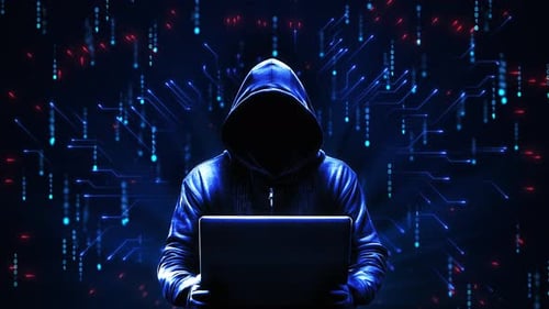 Hooded Hacker with Laptop in Futuristic Digital Environment
