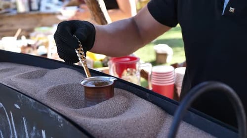 Closeup of Turkish Coffee Made on Hot Sand
