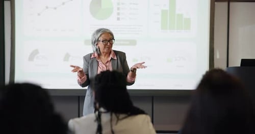 Expo, chart and presentation with business woman at event for broker workshop