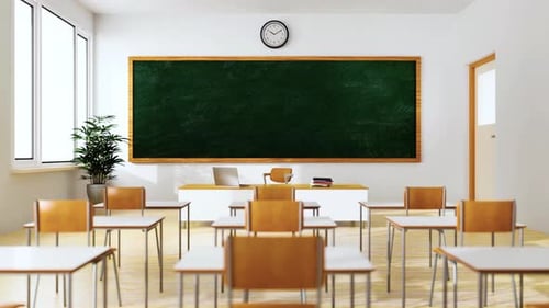 Dolly zooms into the chalkboard a high school classroom