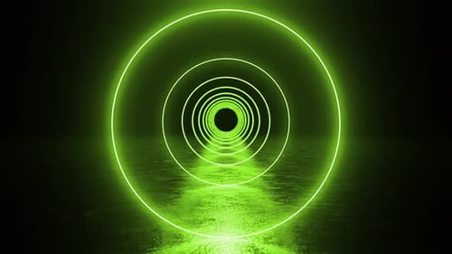 Green neon circles creating tunnel effect on reflective surface