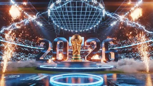 Futuristic 3D World Cup 2026 Celebration in High-Tech Stadium