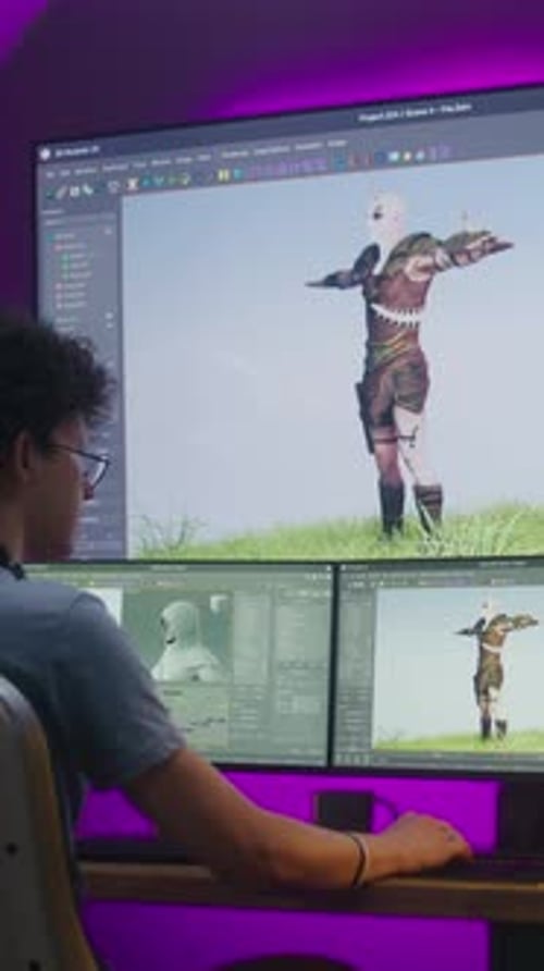 Joven diseñador 3D dibuja personajes de videojuegos y crea animaciones
