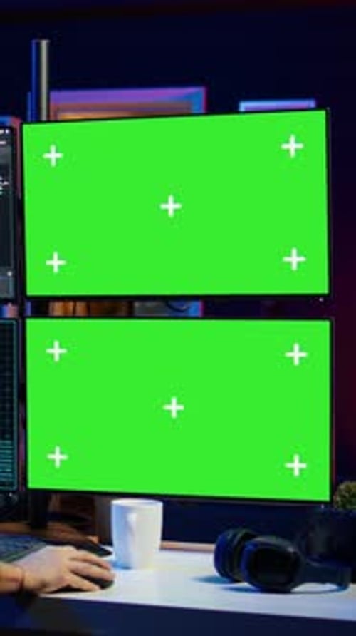 Vertikales Video: Mann mit Kapuze schreibt von der Wohnung aus Codezeilen auf Greenscreen-PC