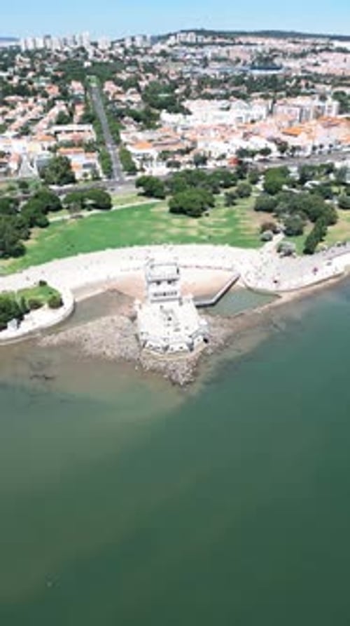 Aerial view of Belem Tower on Tagus river in Lisbon, Portugal Evening time
