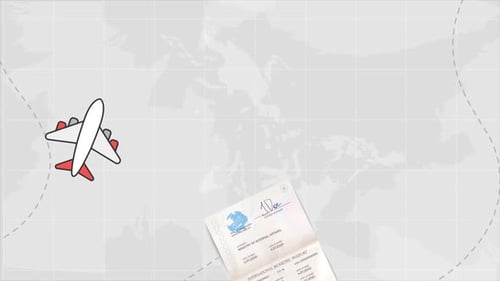 Flat Design Animated Airplane Traveling with Passport Icons