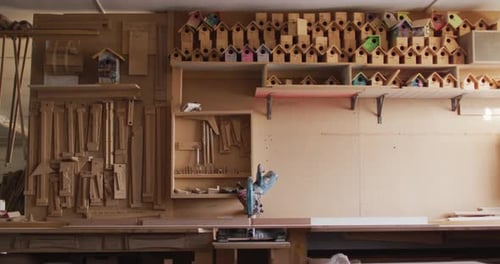 Video of shelves with tools in traditional carpentry workshop