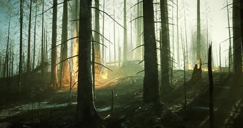 Forest in the Aftermath of Wildfire with Burnt Trees Illuminated By Sunlight