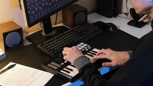 Man Plays Keyboard in Home Music Studio
