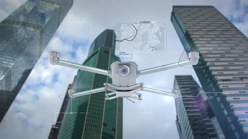 Drone Flying Over City Skyscrapers with Digital Interface