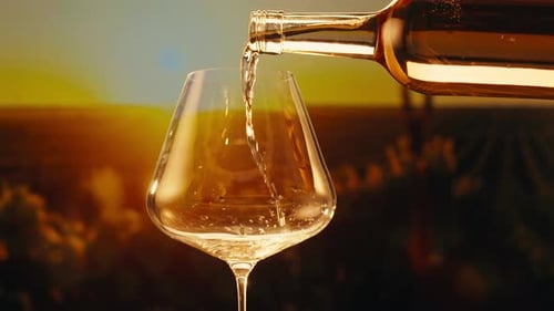 Orange or White Wine Bottle and Glass Against a Sunset in a Peaceful Vineyard Pouring of Ecological