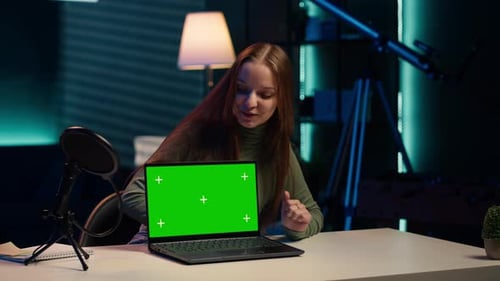 Young Entertainer Presenting Green Screen Laptop From Brand Sponsoring Video