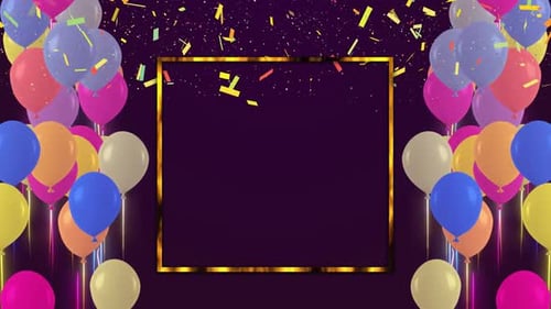 Colorful Balloon Flying And Shiny Golden Rectangle Frame, Realistic Birthday Balloon Flying On Dark