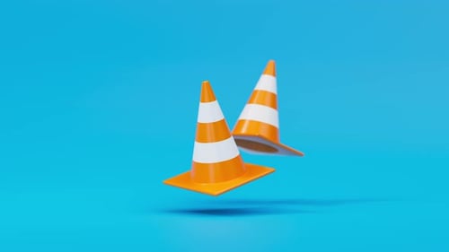 Par flotante de conos de tráfico anaranjados sobre fondo azul, símbolo de advertencia de seguridad o en construcción