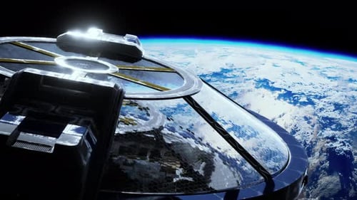 Futuristic Spacecraft Orbiting Earth with Detailed Reflections