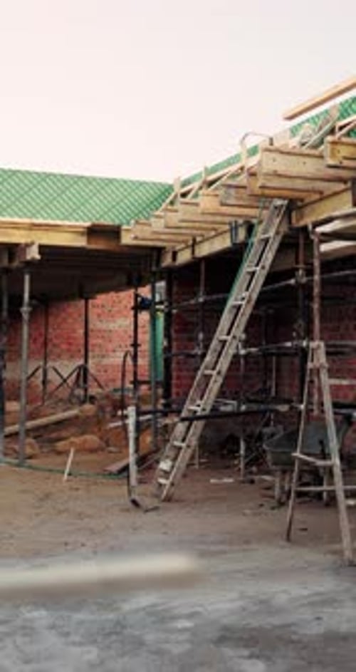 Outdoor, construction and empty renovation site with development progress, formwork or equipment
