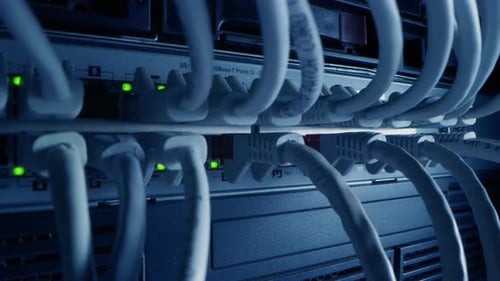 Close-up Macro Shot Ethernet Cables Connected to Router Ports with Blinking Lights. Telecommunicati