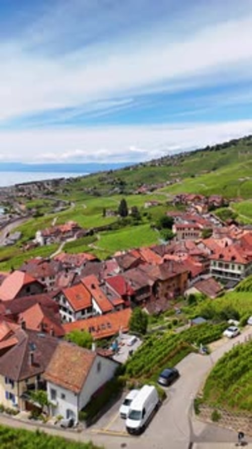 Lavaux vineyard terraces in Switzerland World Heritage site aerial drone