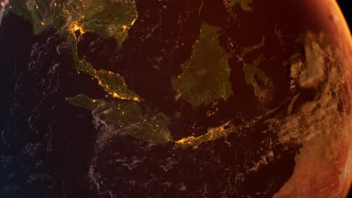 Indonesia From Space At Sunrise. Asia From Space Orbit. Blue Planet Earth. Globe
