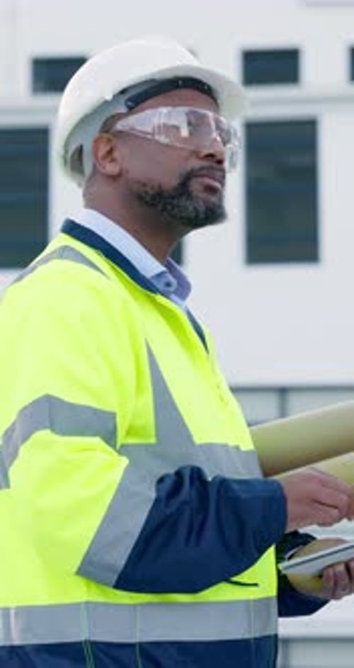 Architecture man, thinking and outdoor with tablet, blueprint design and city planning