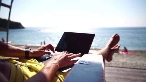 Man Laptop Sea Working Remotely on Seashore Happy Successful Man Male Freelancer Working on Laptop