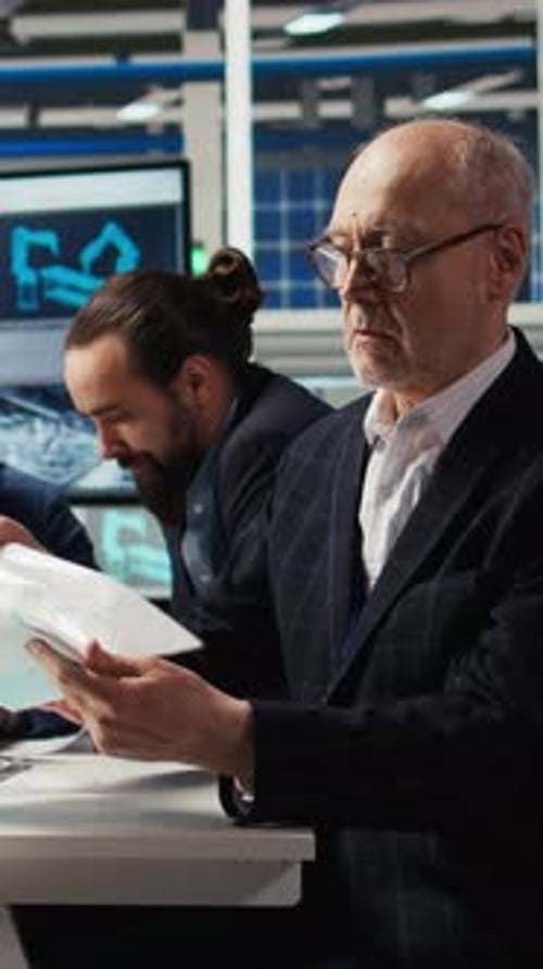 Vertical Video Industrial Plant Senior Manager Looking Over Paperwork Files