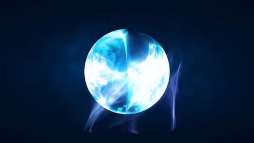 Multicolored energy magic circle sphere ball of futuristic waves and lines of smoke particles