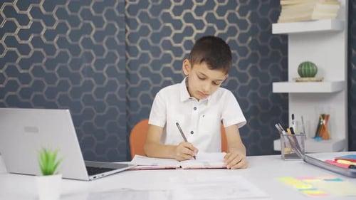 Boy Studying and Writing at Desk at Home
