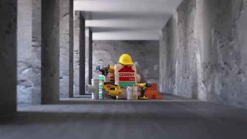 Animación 3D de materiales y herramientas de construcción en interiores con paredes sin acabado para su renovación
