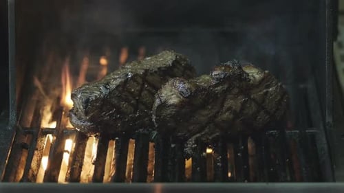 Barbecue meat on grill. Juicy beef steak is fried on fire coals on iron grill. Beef steak