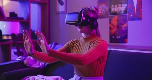Woman Experiences Virtual Reality with VR Headset