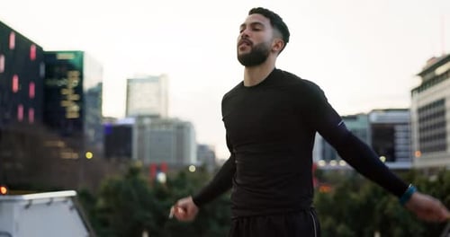 City, skipping rope and man training, exercise and cardio equipment for wellness