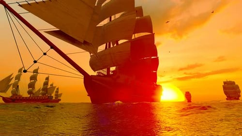 An Ancient Sailing Ship Sailing In The Sea Under The Morning Glow