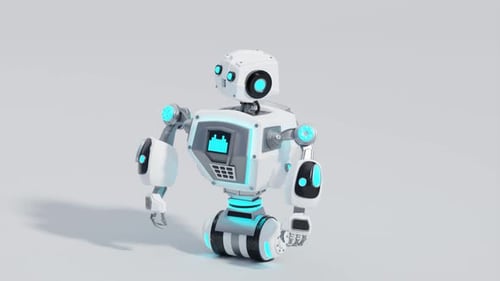 Animation 3D d'un robot saluant joyeusement « Bonjour ! 'à la caméra. Animation 3D