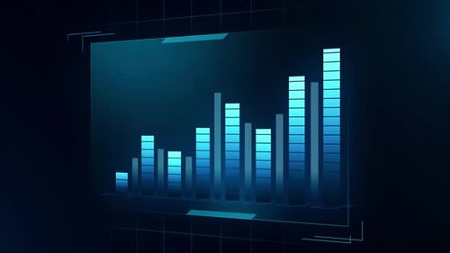 Digital hologram interface shows financial data analysis graphs or the stock market.