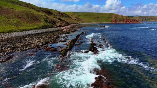 Waves Rolling Over Black Rocks Along Green Hillside Coast Sea Moving ...