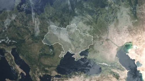 Satellite Earth Zoom to Ukraine Map Outline Reveal