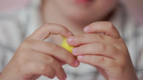 Mädchen spielt mit kleinen gestrickten Tierspielzeugen in einem Zimmer zu Hause