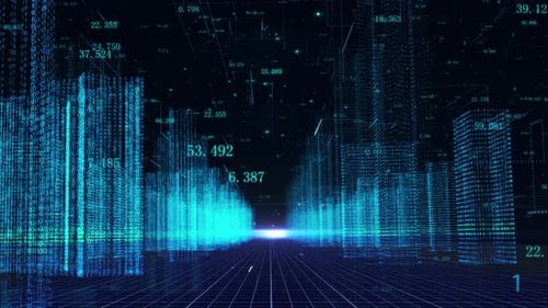 Digital Cityscape Network with Binary Code Data Flow