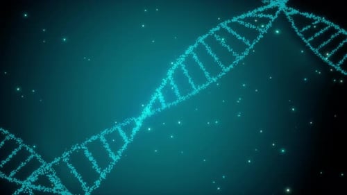 3D rendered animation of rotating DNA glowing molecule on blue background