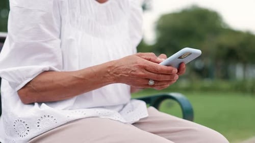 Hands, phone and playing game in outdoors, text message and scrolling on website or blog