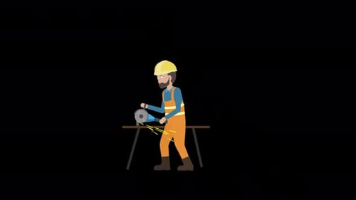 Flat Design Animated Worker Cutting with Grinding Tool